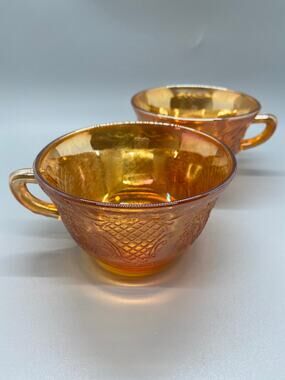 Pair Vintage Federal Glass Company Orange Carnival Glass Iridescent Sunburst